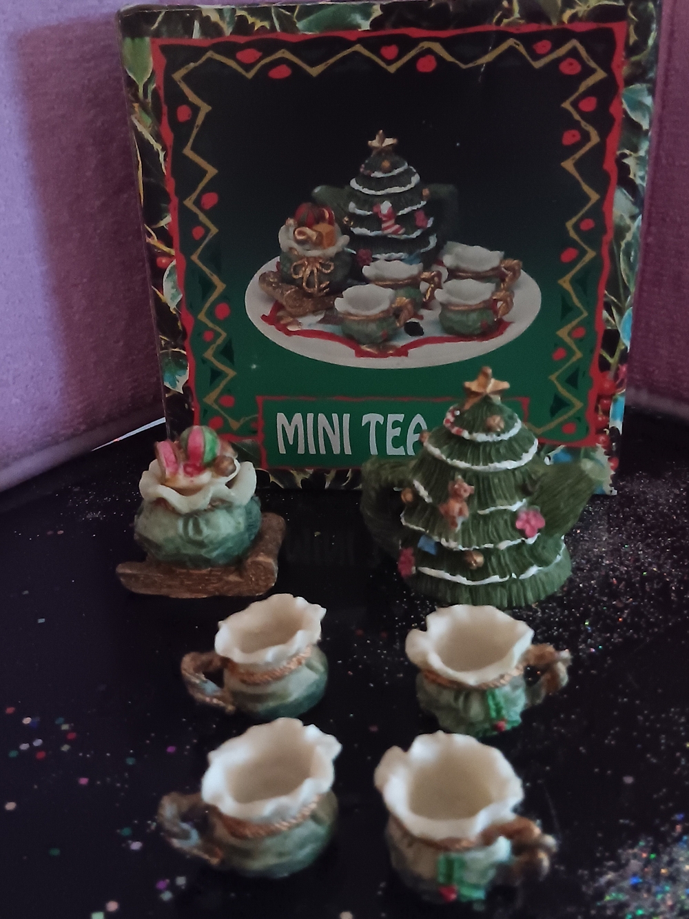 Vintage Mini Tea Set Holiday Tree Design - Green